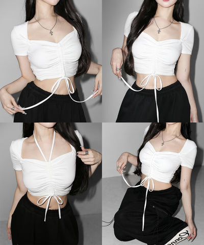 【クロスネックにできる2WAY 】フロントシャーリングリボン半袖ショートＴシャツ ／2WAY front shirring ribbon short sleeve short T-shirt