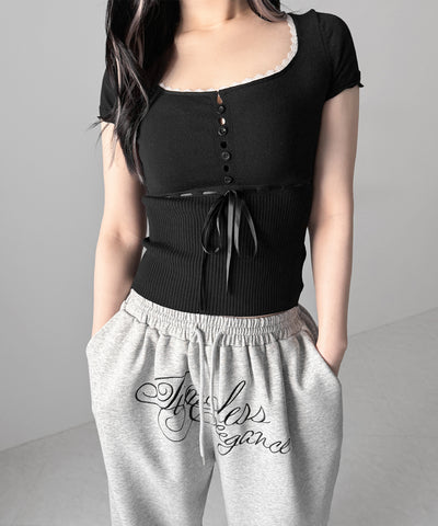 フロントリボンスクエア半袖ニットトップス / front ribbon square short sleeve knit tops