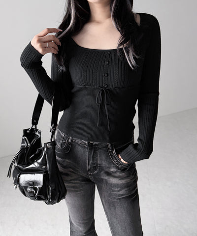 スリムフィット透かし柄リブニット / slim fit watermark pattern rib knit tops