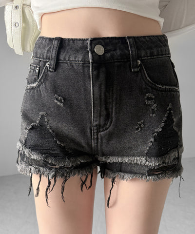 クラッシュダメージダブルフリンジデニムショートパンツ／crash damage double fringe denim short pants