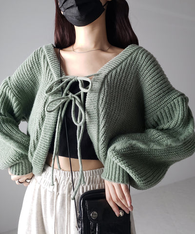 【 ５color 】フロントダブルリボンショートボレロカーディガン