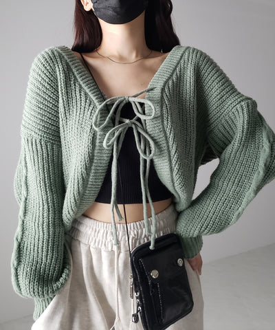 【 ５color 】フロントダブルリボンショートボレロカーディガン