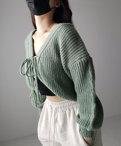 【 ５color 】フロントダブルリボンショートボレロカーディガン