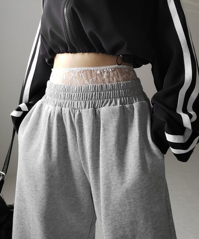 【 ２color 】ウエストレースドッキングワイドスウェットパンツ／ waist lace docking wide sweat pants