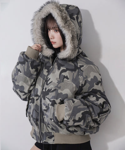 カモフラフェイクファーフーディ中綿ジャケット ／ camouflage fake fur hoodie down jacket