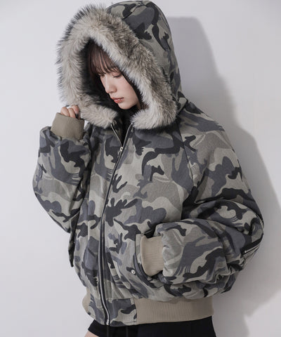 カモフラフェイクファーフーディ中綿ジャケット ／ camouflage fake fur hoodie down jacket