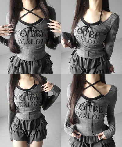 【 クロスネックにできる２WAY 】レースアップフェイクレイヤードロゴカットソートップス ／ laceup fake layered logo cutsew tops