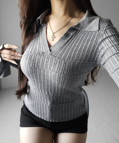 スキッパーネックスリムリブニットトップス ／ skipper neck slim rib knit tops