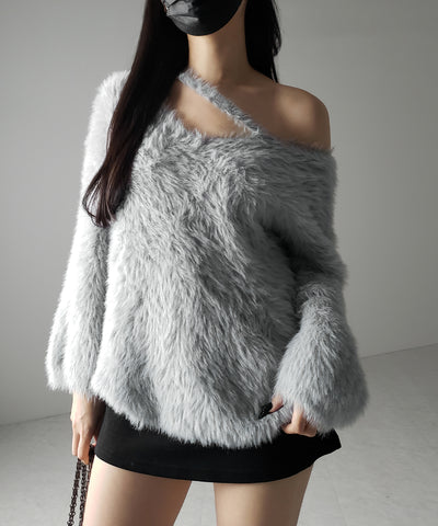【 ３color 】ナナメストラップカットアウトシャギーニット ／ naname strap cutout shaggy knit