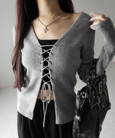 【 ３color 】レースアップリボンリブニットカーディガン ／ lace up ribbon rib knit cardigan