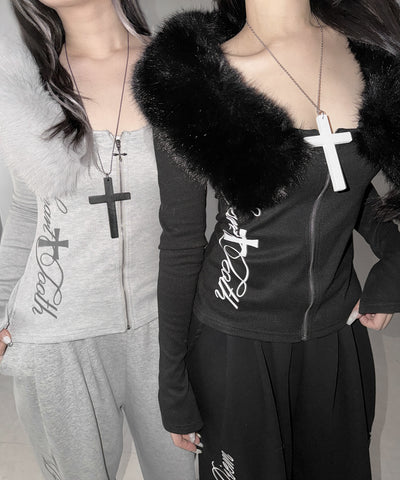 ファー襟クロスロゴジップアップリブカーディガン ／ fur collar cross logo zipup rib cardigan