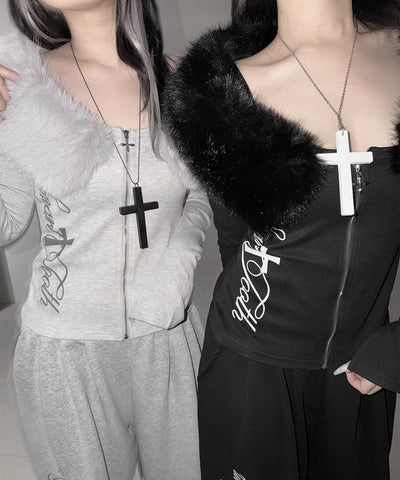 ファー襟クロスロゴジップアップリブカーディガン ／ fur collar cross logo zipup rib cardigan
