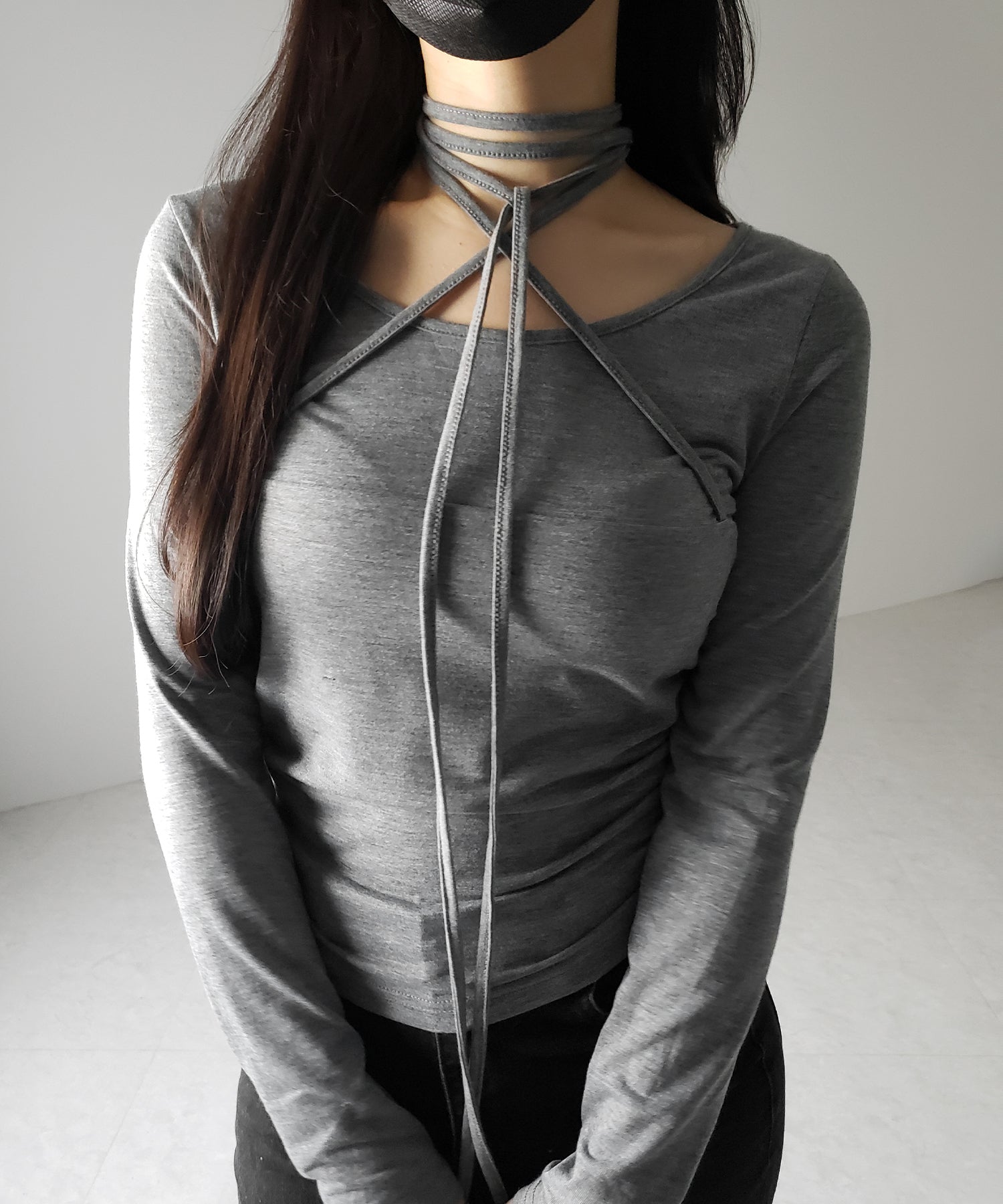 【 ３color 】クロスストラップロングチョーカーリボントップス ／ cross strap long choker ribbon tops