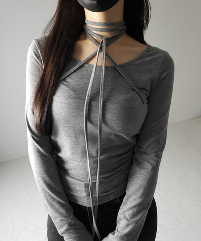 【 ３color 】クロスストラップロングチョーカーリボントップス ／ cross strap long choker ribbon tops