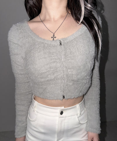 フロントジップショートシャギートップス／ front zip short shaggy tops