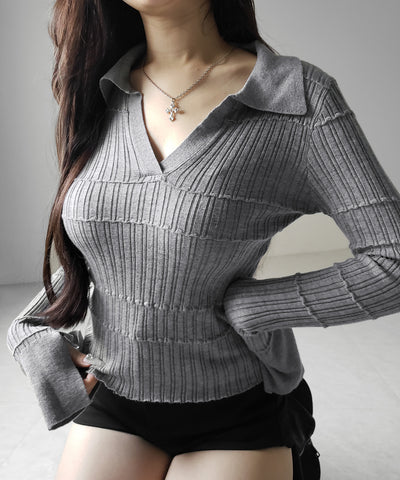 スキッパーネックスリムリブニットトップス ／ skipper neck slim rib knit tops