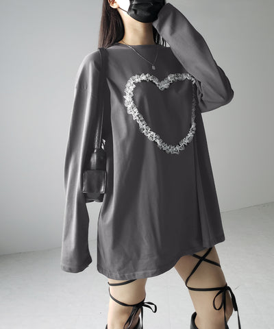 【 ３color 】ハートレースビッグロンＴ ／ heart lace BIG long sleeve T-shirt