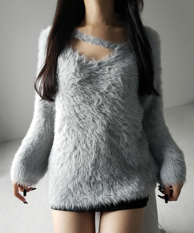 【 ３color 】ナナメストラップカットアウトシャギーニット ／ naname strap cutout shaggy knit