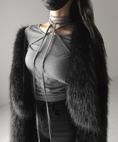 【 ３color 】クロスストラップロングチョーカーリボントップス ／ cross strap long choker ribbon tops