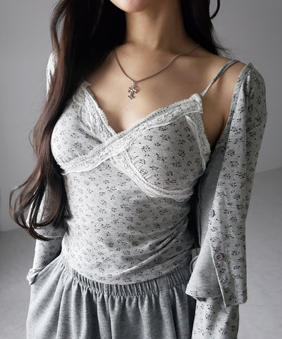 【 ２点セット 】小花柄レースキャミソール ＋ カーディガン SET ／ （ 2piece SET ）Floral lace camisole + cardigan SET