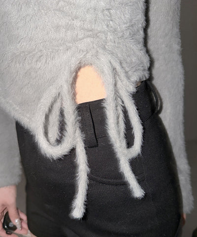 【 ３color 】クロスネックシャーリングリボンシャギートップス ／ cross neck shirring ribbon shaggy tops