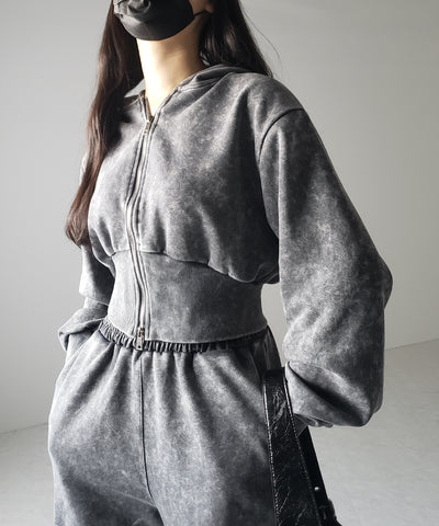 【 セットアップ 】ピグメントヴィンテージショートパーカー ＋ ワイドパンツ SET ／ pigment vintage short hoodie + wide pants SET