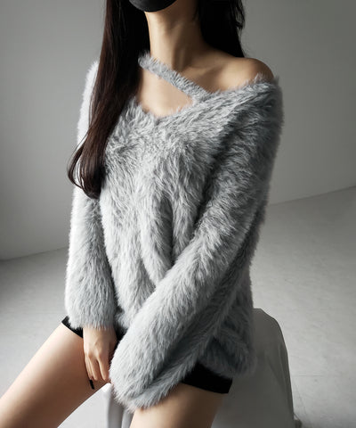 【 ３color 】ナナメストラップカットアウトシャギーニット ／ naname strap cutout shaggy knit