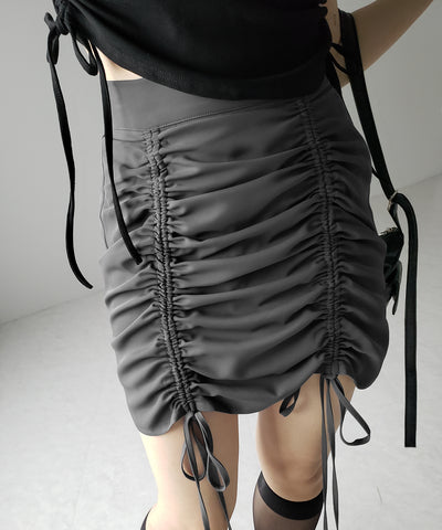 【 インパン裏地付 ／ セルフカット調節可能 】 ストラップダブルリボンシャーリングミニスカート ／ strap double ribbon shirring mini skirt