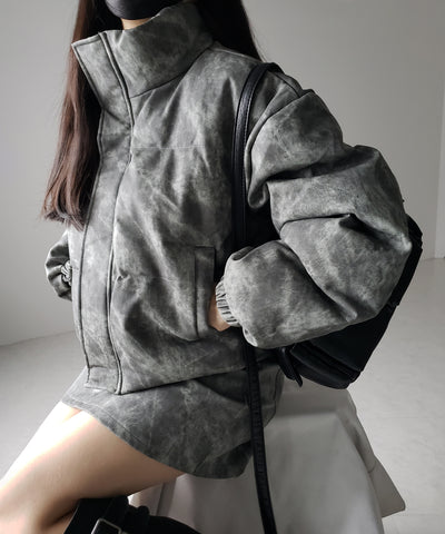 【 セットアップ着用可能 】ヴィンテージライクフェイクレザーショートダウンジャケット ／ vintage like fake leather short down jacket