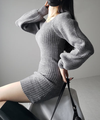 【 ２color 】スクエアネックリブニットミニワンピース ／ square neck rib knit mini one piece
