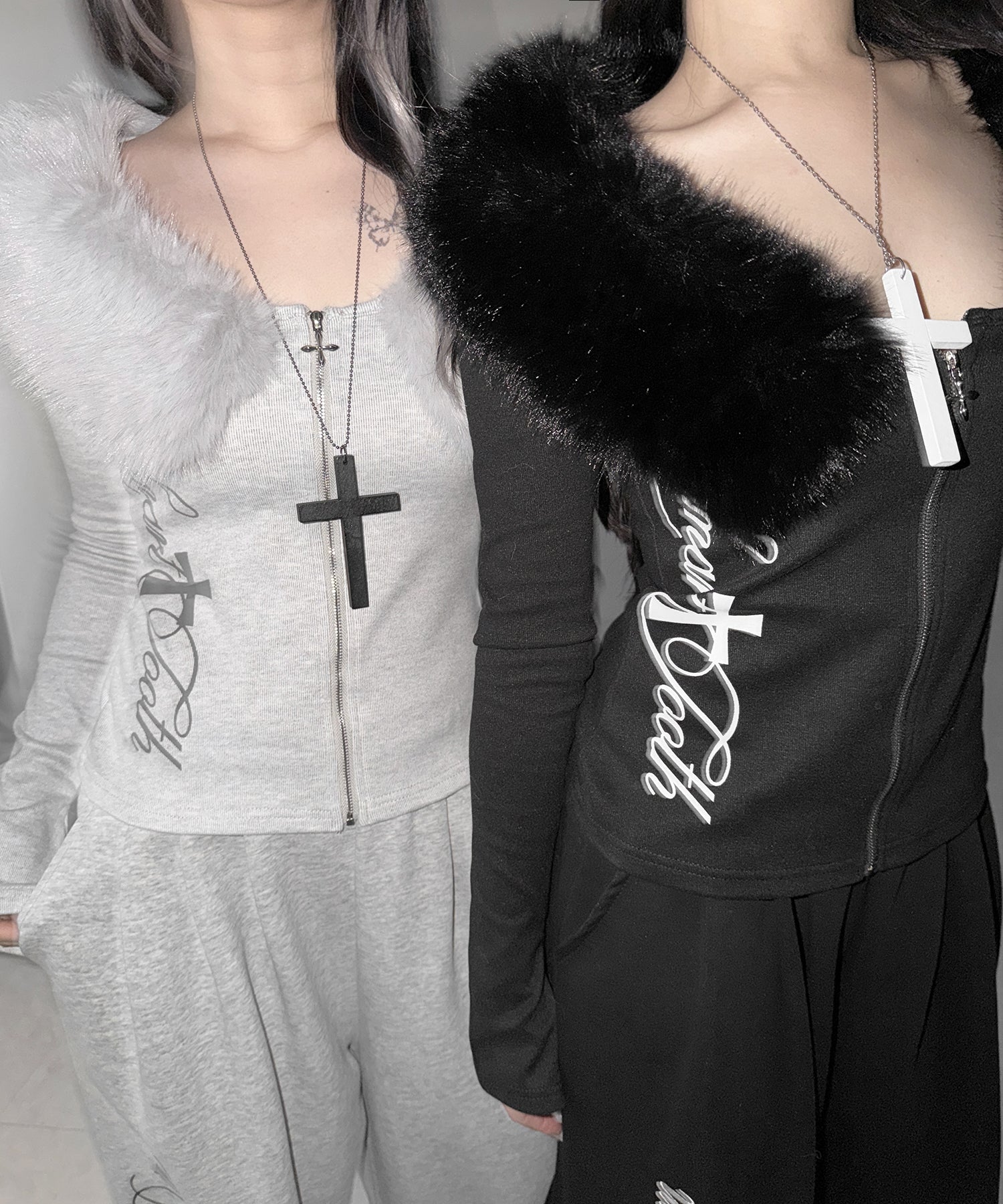 ファー襟クロスロゴジップアップリブカーディガン ／ fur collar cross logo zipup rib cardigan