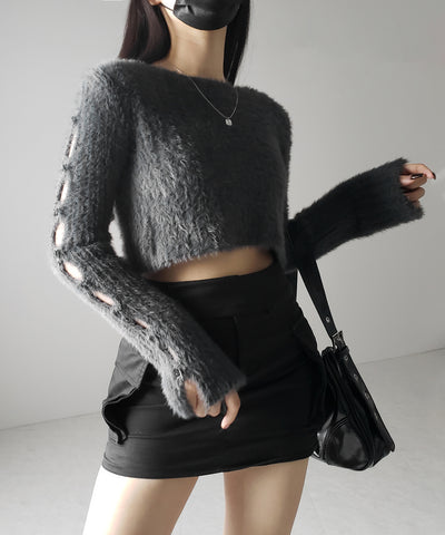 【 ３color 】カットアウトスリットスリーブショートシャギーニット ／ cutout slit sleeve short shaggy knit