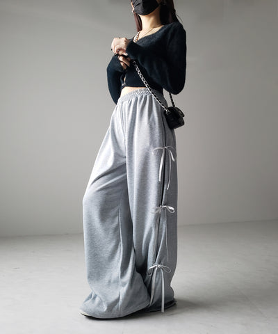 【 ２color 】３ストラップサイドリボンワイドスウェットパンツ／ three strap side ribbon wide sweat pants