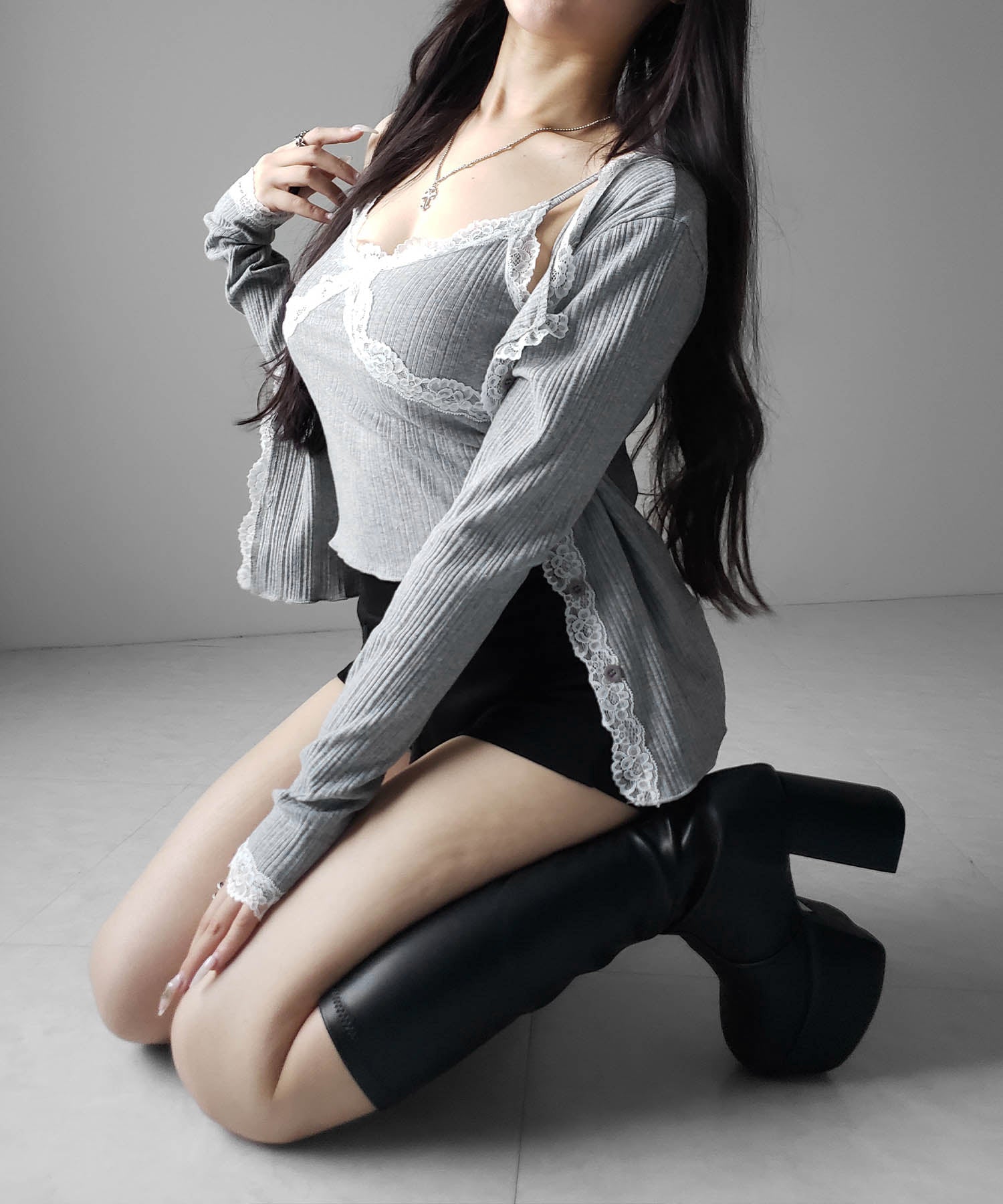 【 ２点セット 】レースドッキングリブキャミソール ＋ カーディガンセット ／ lace docking lib camisole + cardigan SET
