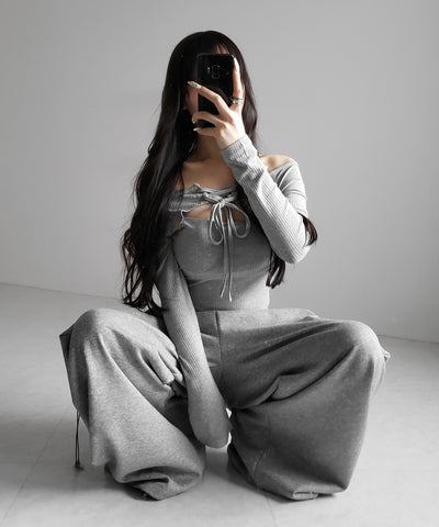 レースアップリボンカットアウトオフショルリブロンT ／ lace up ribbon cutout offshoulder ribbed long T-shirt