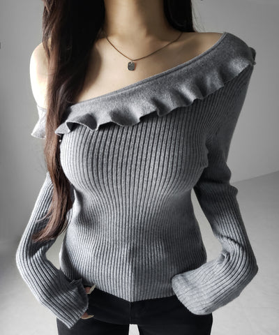 ワンショルフリルタイトリブニットトップス ／ one-shoulder frill tight rib knit tops