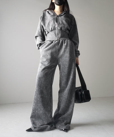 【 セットアップ 】ピグメントヴィンテージショートパーカー ＋ ワイドパンツ SET ／ pigment vintage short hoodie + wide pants SET