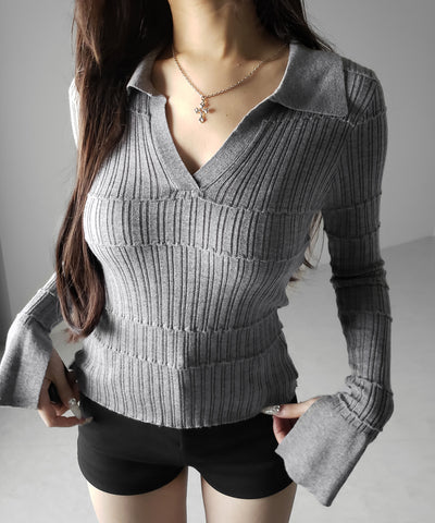 スキッパーネックスリムリブニットトップス ／ skipper neck slim rib knit tops