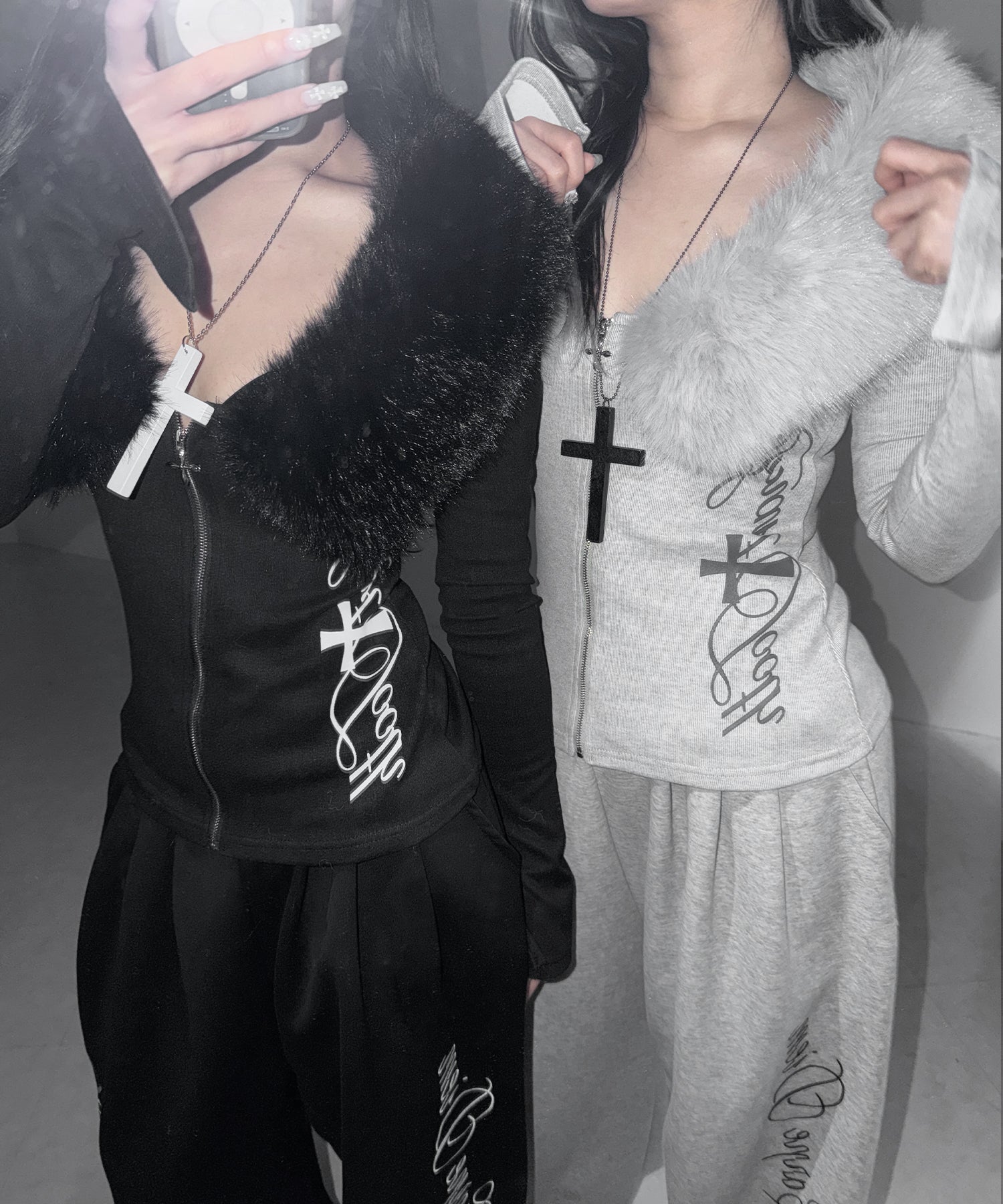 ファー襟クロスロゴジップアップリブカーディガン ／ fur collar cross logo zipup rib cardigan