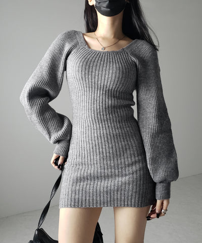 【 ２color 】スクエアネックリブニットミニワンピース ／ square neck rib knit mini one piece