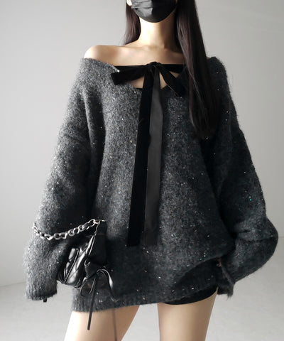 【 ２WAY 】ベロアリボンスパングルオーバーニット ／ velor ribbon spangle over knit