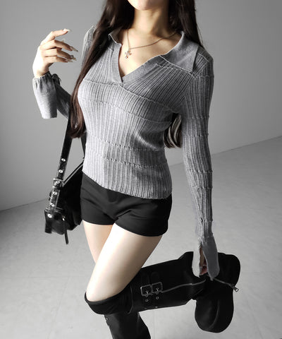スキッパーネックスリムリブニットトップス ／ skipper neck slim rib knit tops