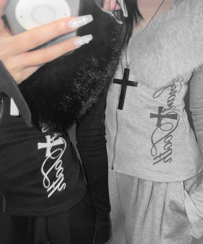 ファー襟クロスロゴジップアップリブカーディガン ／ fur collar cross logo zipup rib cardigan