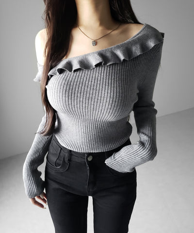 ワンショルフリルタイトリブニットトップス ／ one-shoulder frill tight rib knit tops