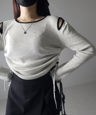 【 ４color 】パイピングカットアウトサイドリボンニットトップス