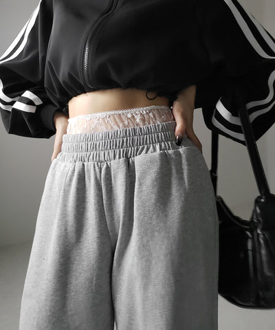 【 ２color 】ウエストレースドッキングワイドスウェットパンツ／ waist lace docking wide sweat pants
