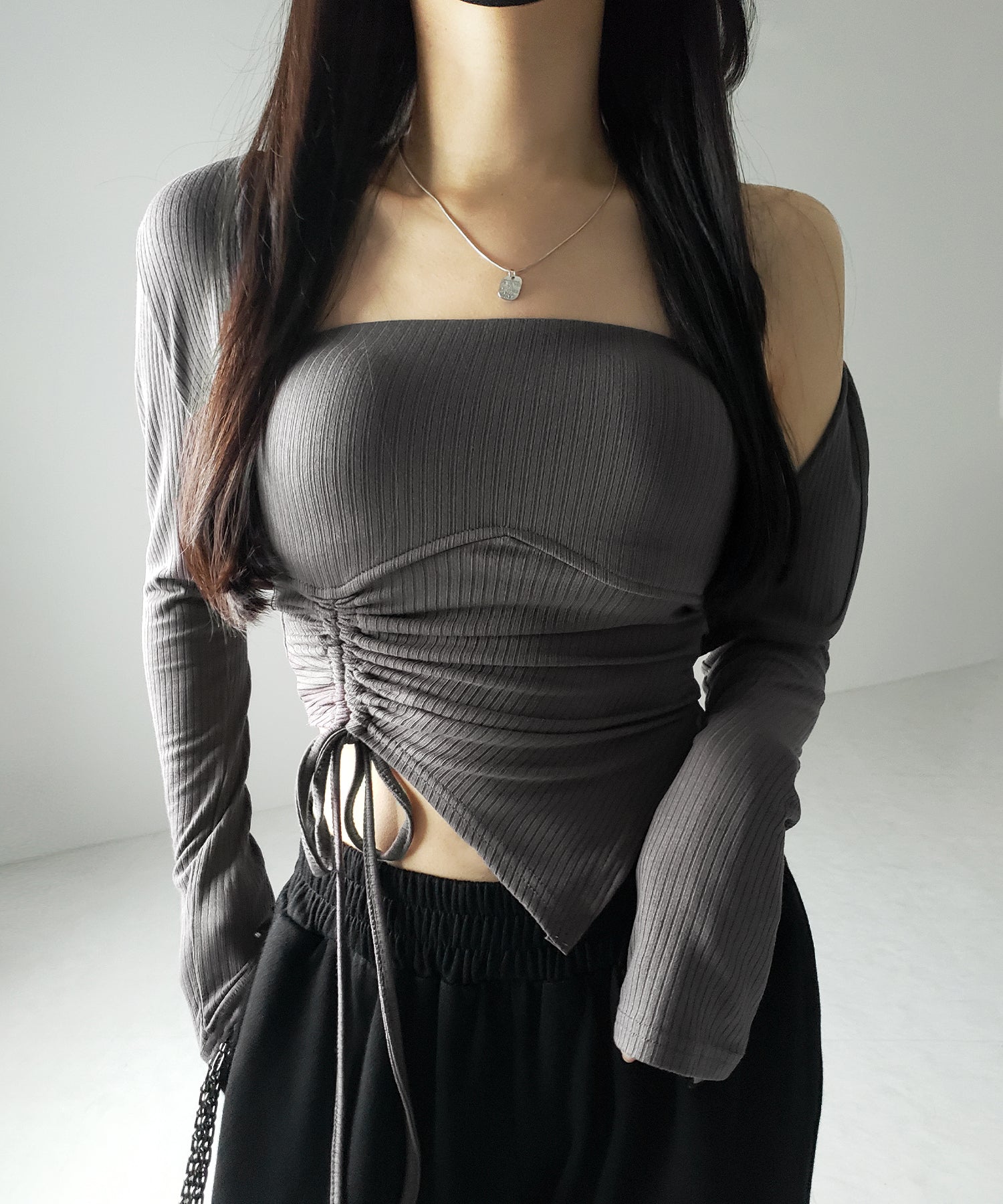 【 ２点セット 】シャーリングリボンベアトップス ＆ ショートカーディガン SET ／ shirring ribbon bare tops & short cardigan SET