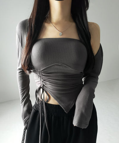 【 ２点セット 】シャーリングリボンベアトップス ＆ ショートカーディガン SET ／ shirring ribbon bare tops & short cardigan SET