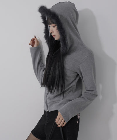 【 ３color 】ファーフードジップアップパーカー ／ fur zipup hoodie