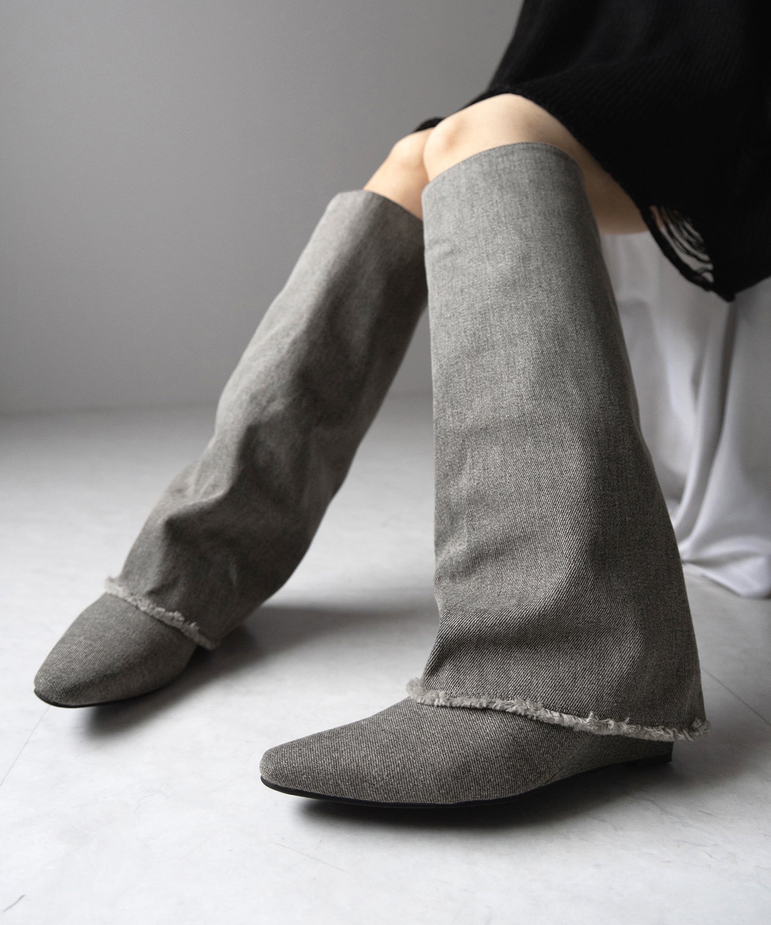 【 ２color 】フリンジデニムカバーロングブーツ ／ fringe denim covered long boots